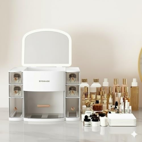 Niyam Ratro Makeup Organiser Storage Box with LED Mirror for Cosmetics Skincare and Beauty Case for Easy Visibility and Drawers for Vanity, Dresser Retro Lipstick Holder - Image 4