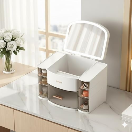 Niyam Ratro Makeup Organiser Storage Box with LED Mirror for Cosmetics Skincare and Beauty Case for Easy Visibility and Drawers for Vanity, Dresser Retro Lipstick Holder - Image 2