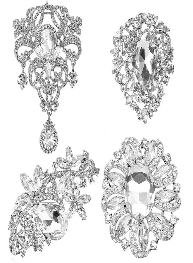 Ezing 4Pcs Brooch Lot with Large Big Size Rhinestone Crystal Fashion Jewelry (White) - Image 1