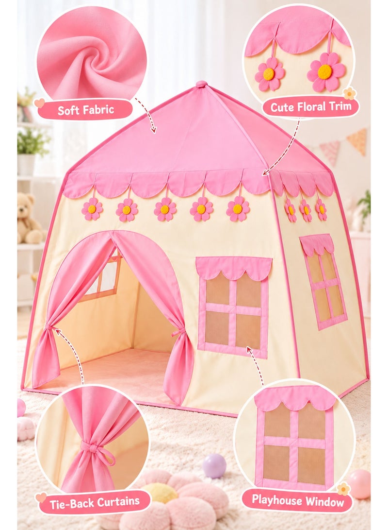 Kids Playhouse Tent 130×100×130cm with Carrying Bag – Large Portable Indoor & Outdoor Children’s Castle Play Tent, Easy Setup Pretend Play House Gift for Boys & Girls (Pink) - Image 2