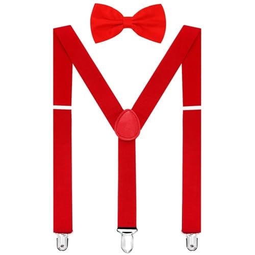 habibee Suspender and Bow Tie Set for Men Adjustable Braces with Y Back, Diverse Colors, Strong Clips (1, Red) - Image 1