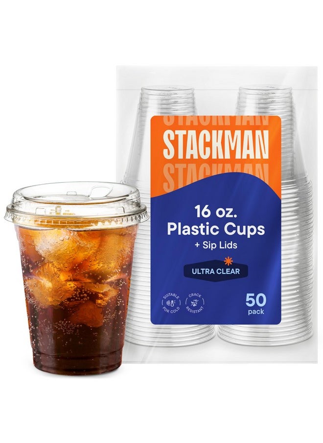Stack Man 16 oz Clear Plastic Cups with Strawless Sip-Lids [50 Sets] PET Crystal Clear Disposable 16oz Plastic Cups with Lids - Crystal Clear, Durable Cup - BPA Free + Crack Resistant, for Coffee, Juice, Shakes  - Image 1
