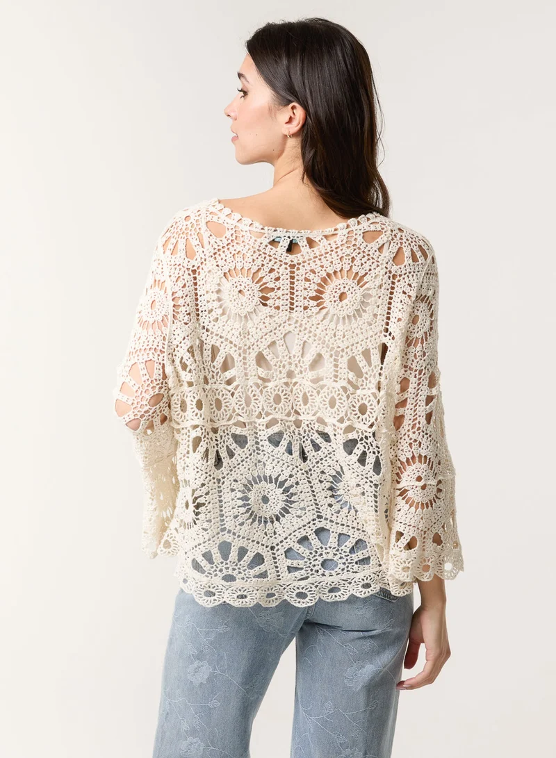 Blue Vanilla Crochet Top With Flared Sleeves