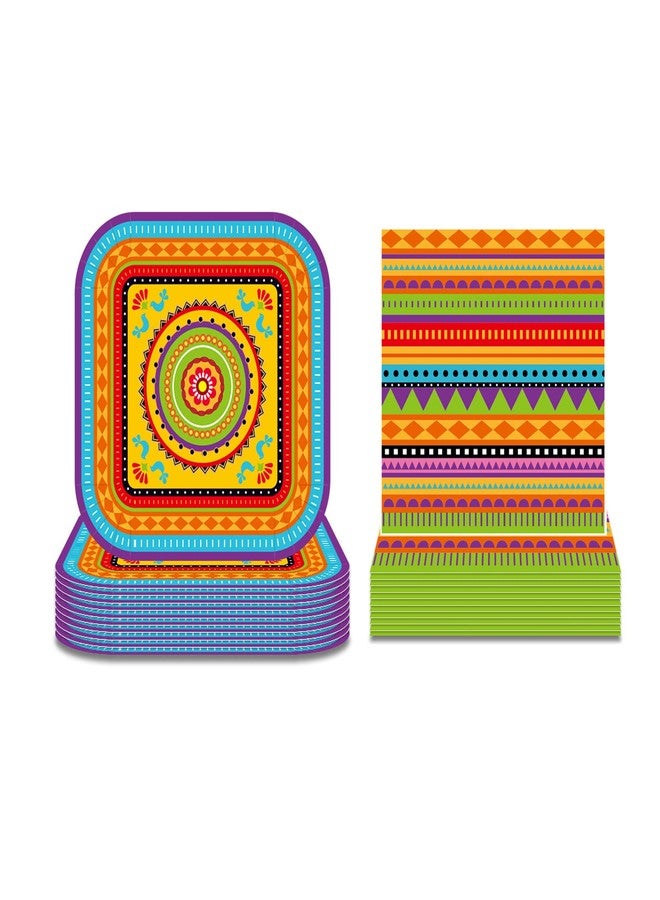 Lide Road Mexican Fiesta Plates and Napkins Serves 24 Gusets 64 Pcs Fiesta Plates and Napkins Set Party Supplies Mexico Cactus Colorful Disposable Paper Plates Napkins for Mexican Themed Fiesta Party Supplies - Image 2