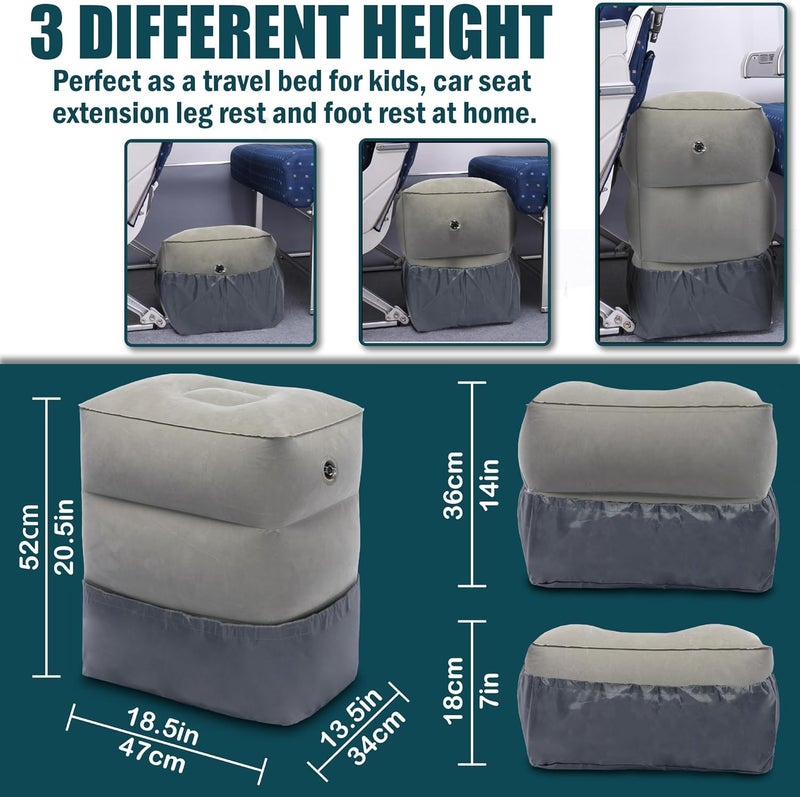كاست ويف وسادة قدم قابلة للنفخ للسفر، وسادة سفر طائرة للأطفال/البالغين، وسادة ساق قابلة للتعديل الارتفاع، سرير طائرة محمول قابل للنفخ للأطفال، للطائرة، المكتب، المنزل (رمادي فاتح - عبوة من قطعتين) - Image 5