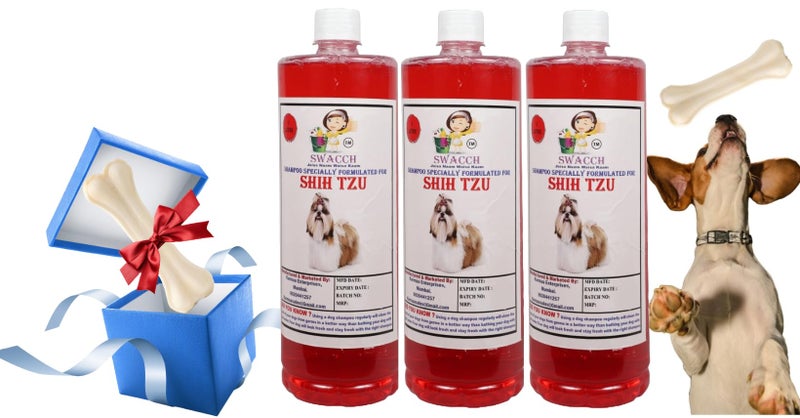 swacch Shampoo | Puppy Safe Shampoo | Shih Tzu Dog Shampoo (1 Litre) (Pack of 3) Strawberry + Large White Bone | Dog Chew Bones | Teething chew Toy | Dental Teething | Combo Pack - Image 1