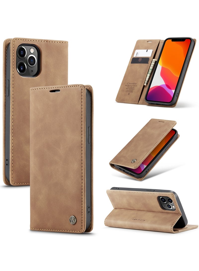 CaseMe iPhone 12 Pro MAX Wallet Case Book Folding Flip Folio Case with Magnetic Kickstand Card Slots Protective Cover - Brown - Image 1