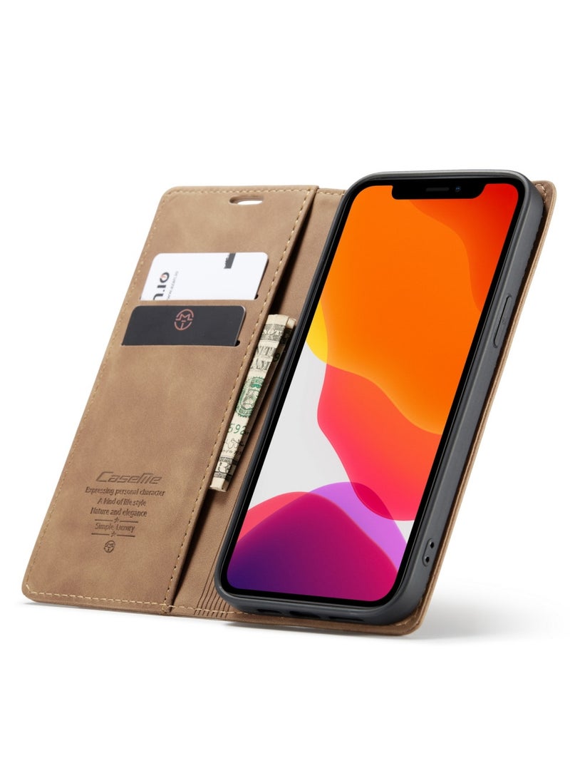 CaseMe iPhone 12 Pro MAX Wallet Case Book Folding Flip Folio Case with Magnetic Kickstand Card Slots Protective Cover - Brown - Image 2