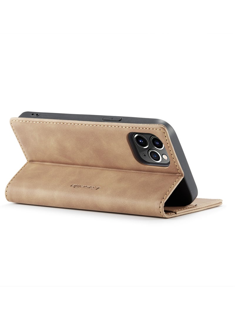 CaseMe iPhone 12 Pro MAX Wallet Case Book Folding Flip Folio Case with Magnetic Kickstand Card Slots Protective Cover - Brown - Image 3