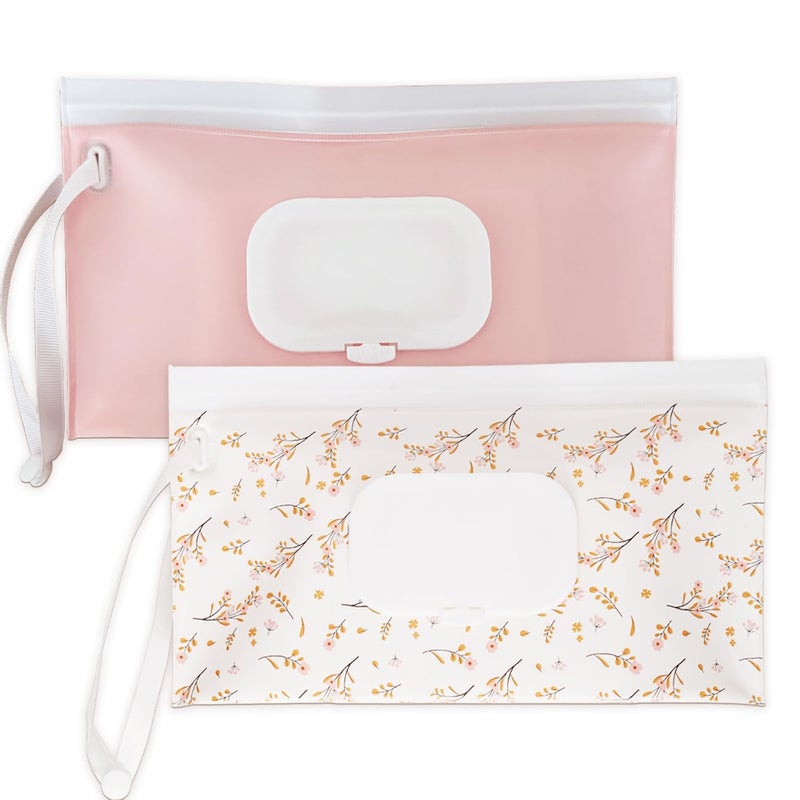 eoscasely Wipe Dispenser and Wipes Container, 2 Pack Reusable Wipes Holder and Travel Wipes Case, Refillable Pouch for Baby Essentials, Pink & Leaf Design (pink) - Image 1