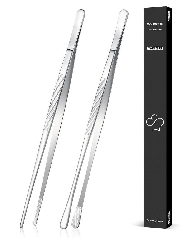 2 Pcs 12inch Cooking Tweezers Tongs Precision Serrated Tips Stainless Steel Professional Chef Tweezer Kitchen Tools for BBQ Plating and ServingSilver