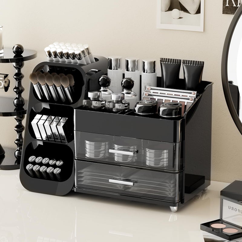 Uforu Makeup Organizer For Vanity With Brush Holder  Countertop Skincare Organizer With 2 Drawers  Spacious Cosmetic Display Case For Perfumes  Cologne  Shaving Lotion - Image 2