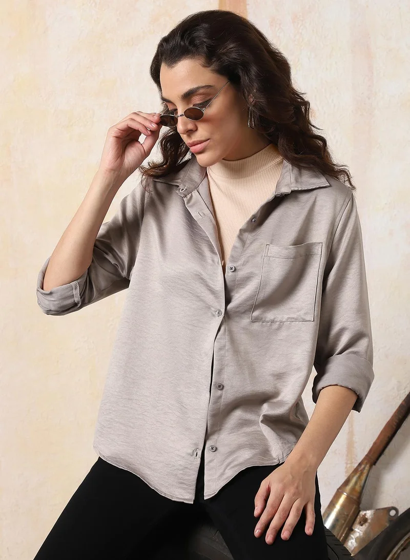 HIGH STAR Women's Light Grey 100% Polyester Solid Pattern Button Down Boxy Shirt