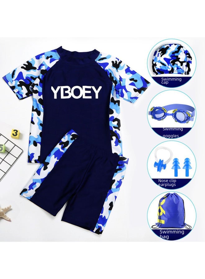 إسكدنيا طقم ملابس سباحة للأطفال للأولاد مكون من ثلاث قطع بأكمام قصيرة، طقم معدات قبعة السباحة، اللون: 8165 أزرق مموه 【ملابس السباحة + سراويل السباحة + قبعة السباحة + نظارات الأطفال】】 - - Image 2