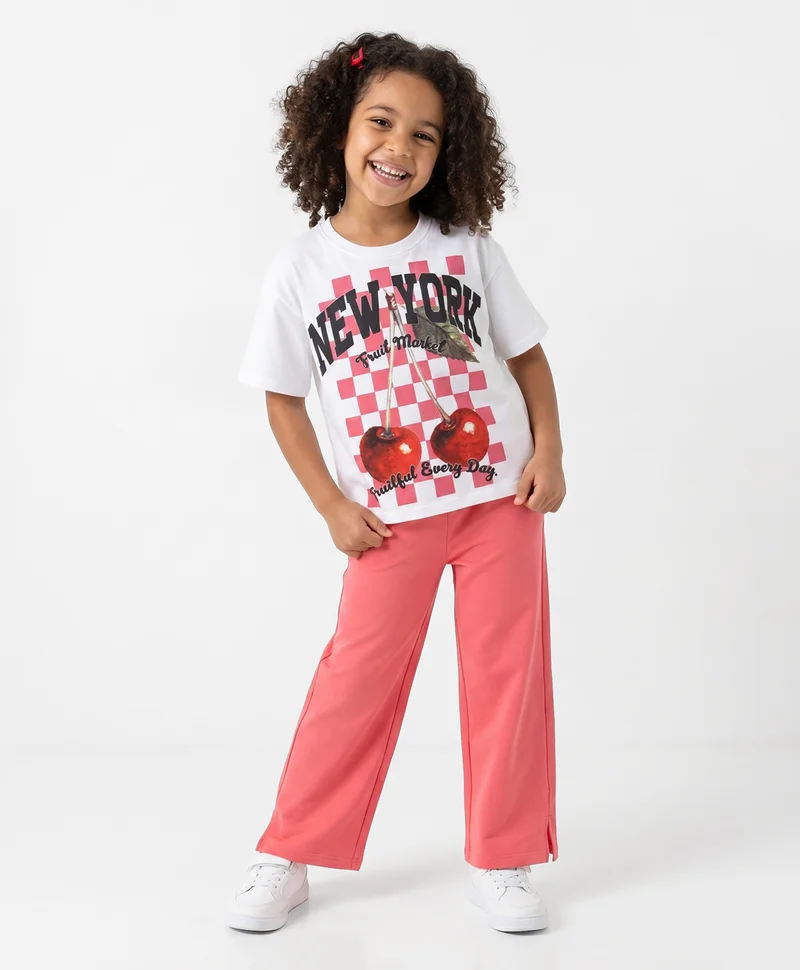 Primo Gino Primo Gino 100% Cotton French Terry Half Sleeve Oversized T-Shirt and Pants Set with Cherry & Text Print - White & Pink