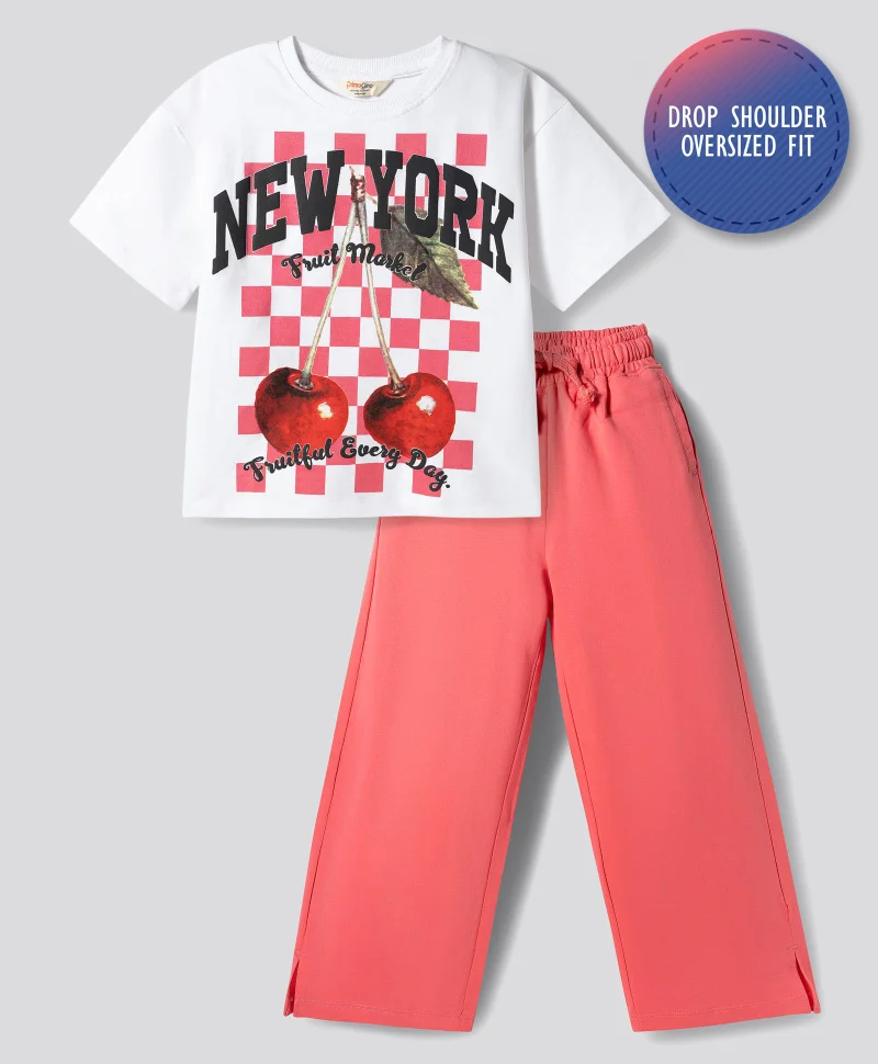 Primo Gino Primo Gino 100% Cotton French Terry Half Sleeve Oversized T-Shirt and Pants Set with Cherry & Text Print - White & Pink