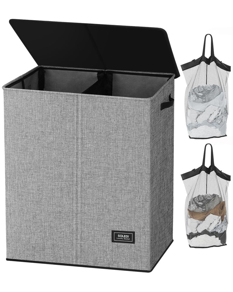 SOLEDI Double Laundry Hamper with Lid and Handle  Laundry Basket 2 Section with Removable bag  Collapsible Dirty Clothes Hampers for Laundry  Bedroom  Dorm  College