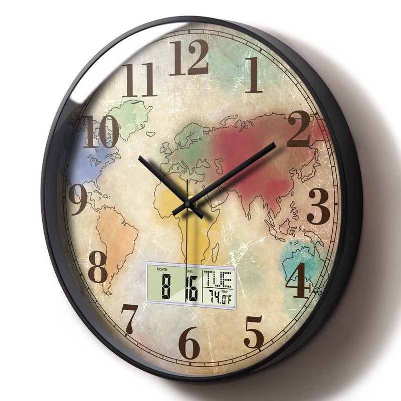 Modern Round Retro Digital and Analog Wall Clock Silent Calendar Colorful World Map Vintage Clocks with Date and Temperature Week Quiet NonTicking Kid Room Office Kitchen Decor for Bedroom 12 Inch