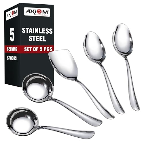 AXIOM Stainless Steel Serving Tools 5 Piece Heavy Gauge Non-Stick Set of 2 Soup Ladle (Karchi), 2 Solid Spoon (Chamcha) and 1 Rice Spoon for Serving Soup/Curry/dal/Rice/Pasta - Image 1