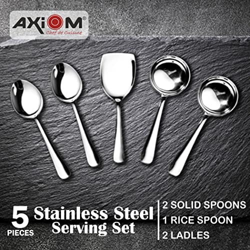 AXIOM Stainless Steel Serving Tools 5 Piece Heavy Gauge Non-Stick Set of 2 Soup Ladle (Karchi), 2 Solid Spoon (Chamcha) and 1 Rice Spoon for Serving Soup/Curry/dal/Rice/Pasta - Image 2