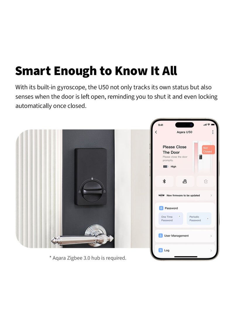 Aqara - Smart Lock U50,Keyless Entry Door Lock with Apple Home Key,App Remote Control, Support Apple HomeKit,Matter,Google Home,Alexa, IFTTT,Global version-Black - Image 1