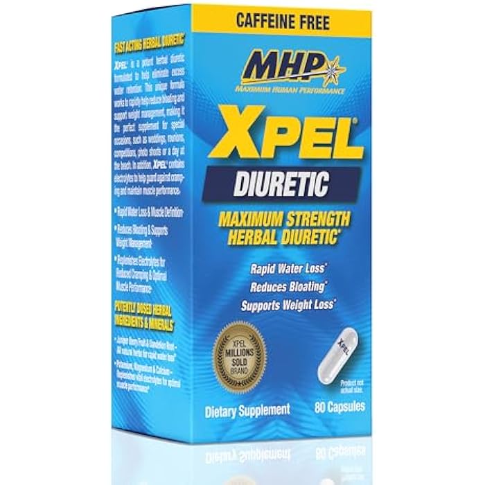 Maximum Human Performance MHP Xpel Maximum Strength Diuretic Water Pills, for Water Retention Relief, Caffeine-Free with Vitamin B-6 Potassium Dandelion Root, 80 Capsules - Image 1