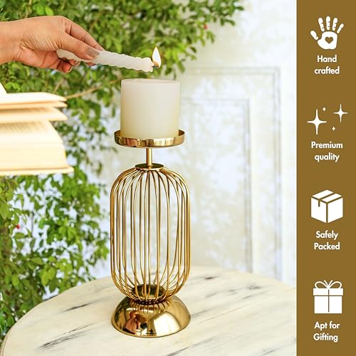 Behoma Metal Candle Holder Stand with Gold Finish | Decorative Pillar Candle Stand for Home, Living Room, Table Centerpiece, Modern Vintage Decor (10 Inch, Small,Candle is not Included) - Image 3