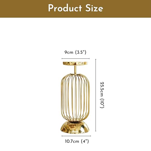 Behoma Metal Candle Holder Stand with Gold Finish | Decorative Pillar Candle Stand for Home, Living Room, Table Centerpiece, Modern Vintage Decor (10 Inch, Small,Candle is not Included) - Image 5