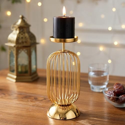Behoma Metal Candle Holder Stand with Gold Finish | Decorative Pillar Candle Stand for Home, Living Room, Table Centerpiece, Modern Vintage Decor (10 Inch, Small,Candle is not Included) - Image 2