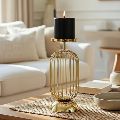 Behoma Metal Candle Holder Stand with Gold Finish | Decorative Pillar Candle Stand for Home, Living Room, Table Centerpiece, Modern Vintage Decor (10 Inch, Small,Candle is not Included) - Image 1