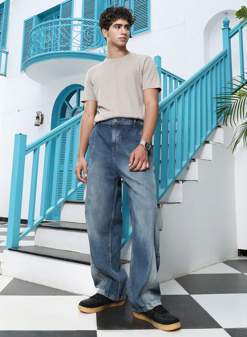 Campus Sutra Campus Sutra Men's Navy Blue Light-Distressed Panelled Denim Jeans | Mid-Rise , Straight Hem , Button Closure , Baggy-Fit | Solid Denim | Cotton Jeans For Casual Wear