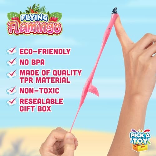 PICK A TOY 36 Pcs Flamingo Party Favors Toys for Kids, Bird Shooter Game Finger Flicker, Tropical Themed Decorations, Treasure Chest for Kids Prizes, Flying Chicken Slingshot - Image 4