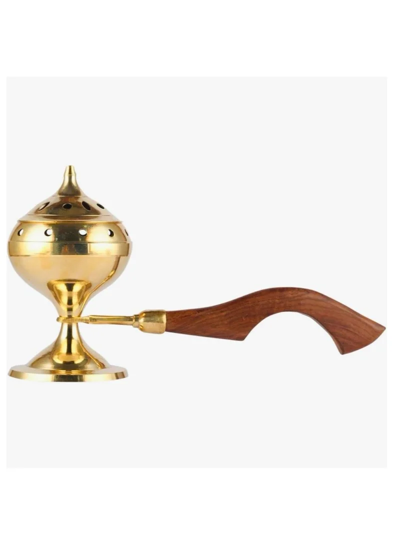 QUESERA Brass Incense Burner/Sambrani Stand & Loban Dhoop Burner with Wooden Handle