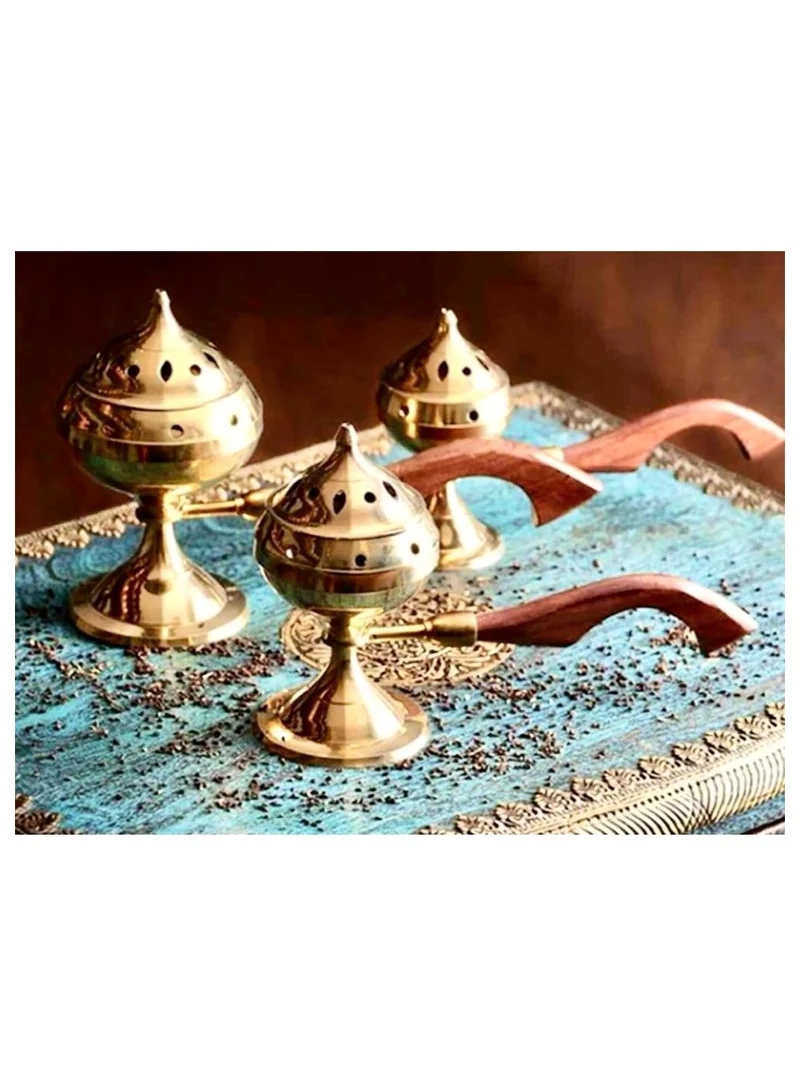 QUESERA Brass Incense Burner/Sambrani Stand & Loban Dhoop Burner with Wooden Handle