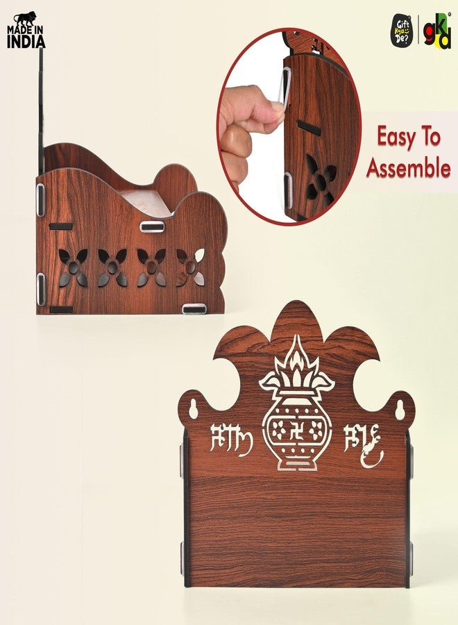 Gift Kya De Wooden Small Mandir for Home | Shubh Labh with Kalash Carving & Utility Shelf | Small Pooja Temple for Table, Wall, or Shelf | DIY Wooden Pooja Mandir | 8x8x8.5 Inch - Image 4
