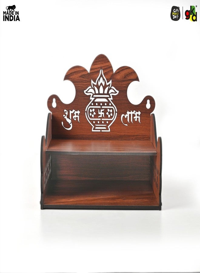Gift Kya De Wooden Small Mandir for Home | Shubh Labh with Kalash Carving & Utility Shelf | Small Pooja Temple for Table, Wall, or Shelf | DIY Wooden Pooja Mandir | 8x8x8.5 Inch - Image 2