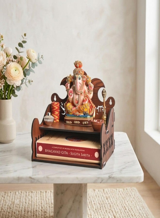 Gift Kya De Wooden Small Mandir for Home | Shubh Labh with Kalash Carving & Utility Shelf | Small Pooja Temple for Table, Wall, or Shelf | DIY Wooden Pooja Mandir | 8x8x8.5 Inch - Image 1