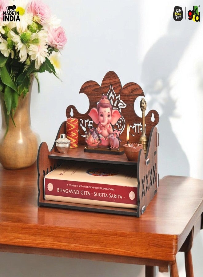 Gift Kya De Wooden Small Mandir for Home | Shubh Labh with Kalash Carving & Utility Shelf | Small Pooja Temple for Table, Wall, or Shelf | DIY Wooden Pooja Mandir | 8x8x8.5 Inch - Image 5