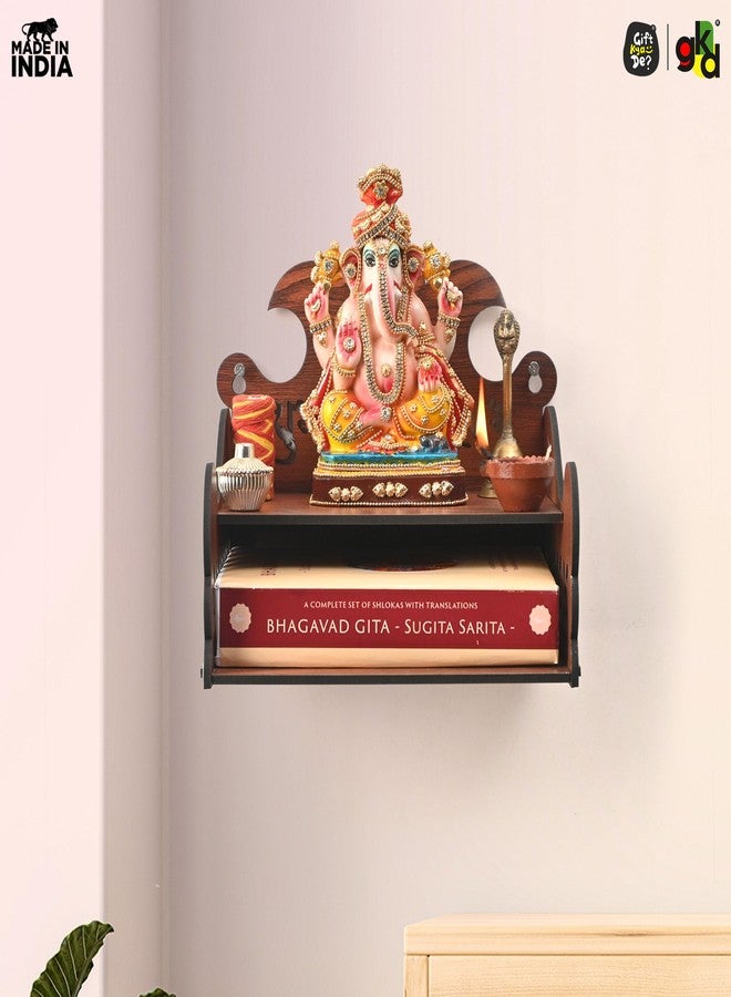 Gift Kya De Wooden Small Mandir for Home | Shubh Labh with Kalash Carving & Utility Shelf | Small Pooja Temple for Table, Wall, or Shelf | DIY Wooden Pooja Mandir | 8x8x8.5 Inch - Image 3