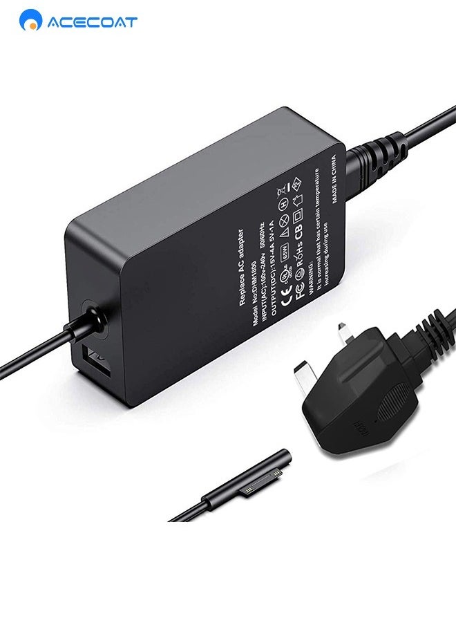 ACECOAT - PD 65W Universal Microsoft Surface Fast Charging Charger Adapter with Magnetic Interface, Smart Indicator Light and USB Port-Laptop Charging Station with UK Power Cord for Surface Pro 3/4/5/6/7, Black - Image 1