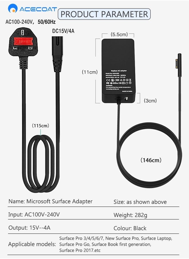 ACECOAT - PD 65W Universal Microsoft Surface Fast Charging Charger Adapter with Magnetic Interface, Smart Indicator Light and USB Port-Laptop Charging Station with UK Power Cord for Surface Pro 3/4/5/6/7, Black - Image 1