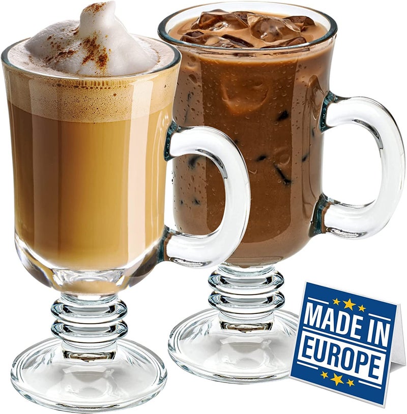 KELVEE Irish Glass Coffee Mugs Latte Cups Set of 2 Cappuccino and Hot Chocolate Mugs with Handle Clear Glass Mugs for Hot Beverages 300ML - Image 1