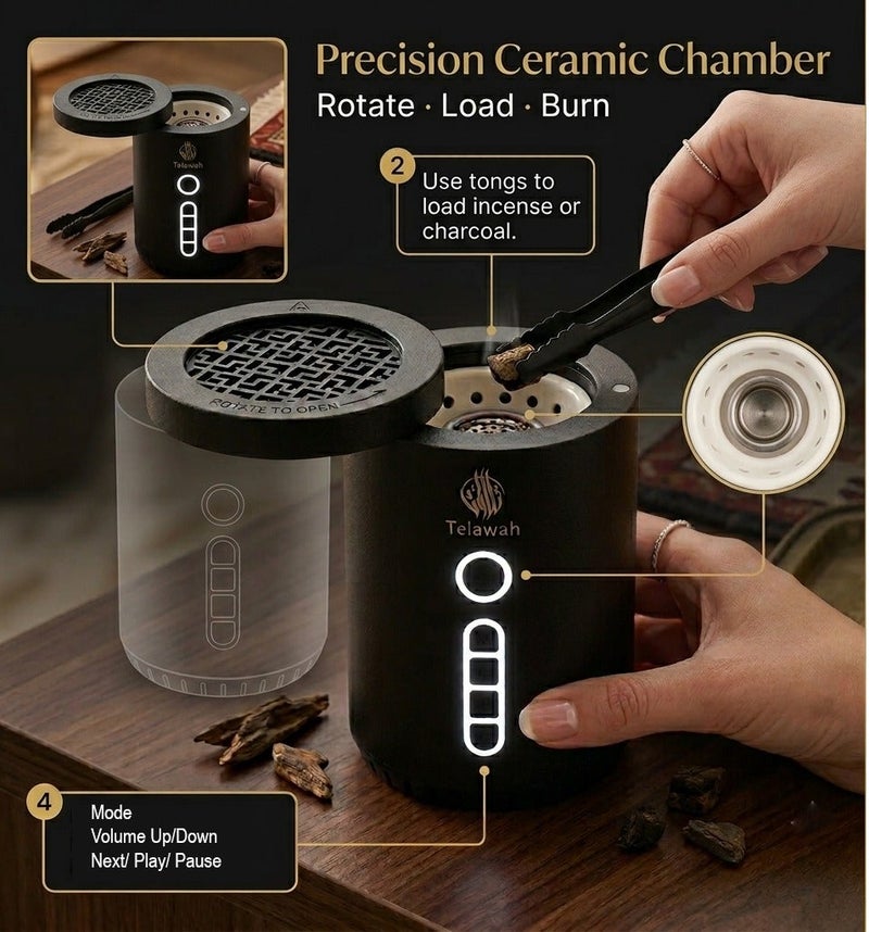Telawah 2-in-1 Electric Bakhoor Burner and with Full Quran Bluetooth Speaker – Smart Arabic Oud Incense Burner with App and Remote Control with 16 Reciters and 18 Languages. - Image 3