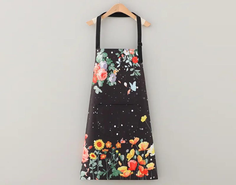 DARSHANAM WORLD Apron for Women with Pockets, Adjustable Waterproof Floral Chef Aprons for Kitchen, Gardening, Cooking, BBQ or Baking,Dusting, Home. (BLACK) - Image 1
