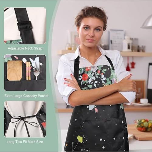 DARSHANAM WORLD Apron for Women with Pockets, Adjustable Waterproof Floral Chef Aprons for Kitchen, Gardening, Cooking, BBQ or Baking,Dusting, Home. (BLACK) - Image 3