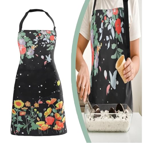 DARSHANAM WORLD Apron for Women with Pockets, Adjustable Waterproof Floral Chef Aprons for Kitchen, Gardening, Cooking, BBQ or Baking,Dusting, Home. (BLACK) - Image 4