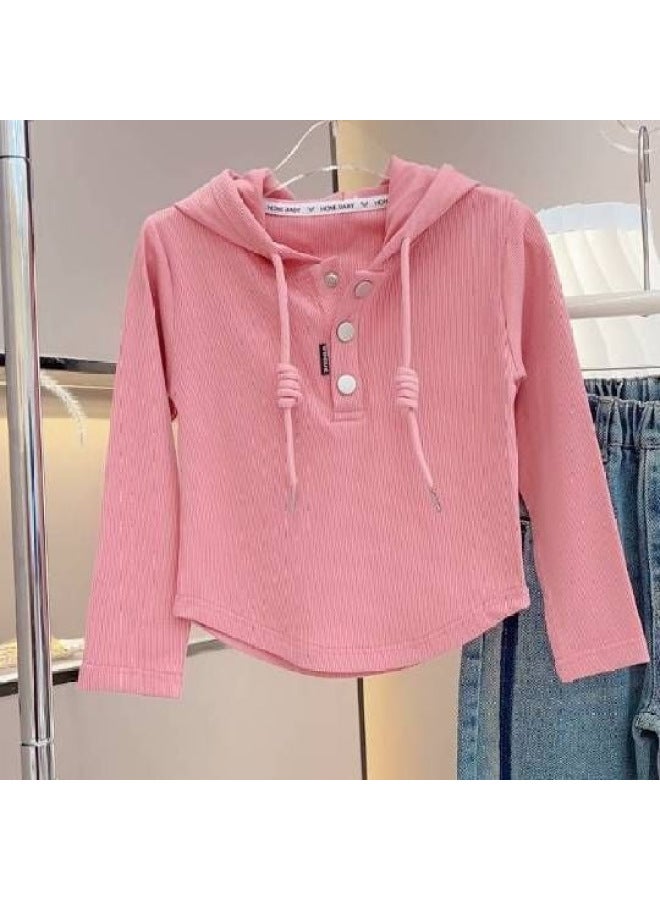 Girls' Spring And Autumn New Long-sleeved Hooded T-shirt Korean Style Thin Outer Wear Children's Solid Color Simple Base Shirt Trendy