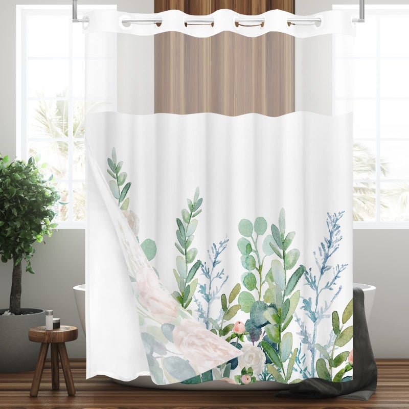 Tititex No Hooks Snap in Liner Aesthetic Blooming Floral Shower Curtain Sets Hotel Luxury Double Layers Waterproof Fabric  SeeThrough Top Window Bathroom Decorative 72x72 Inch