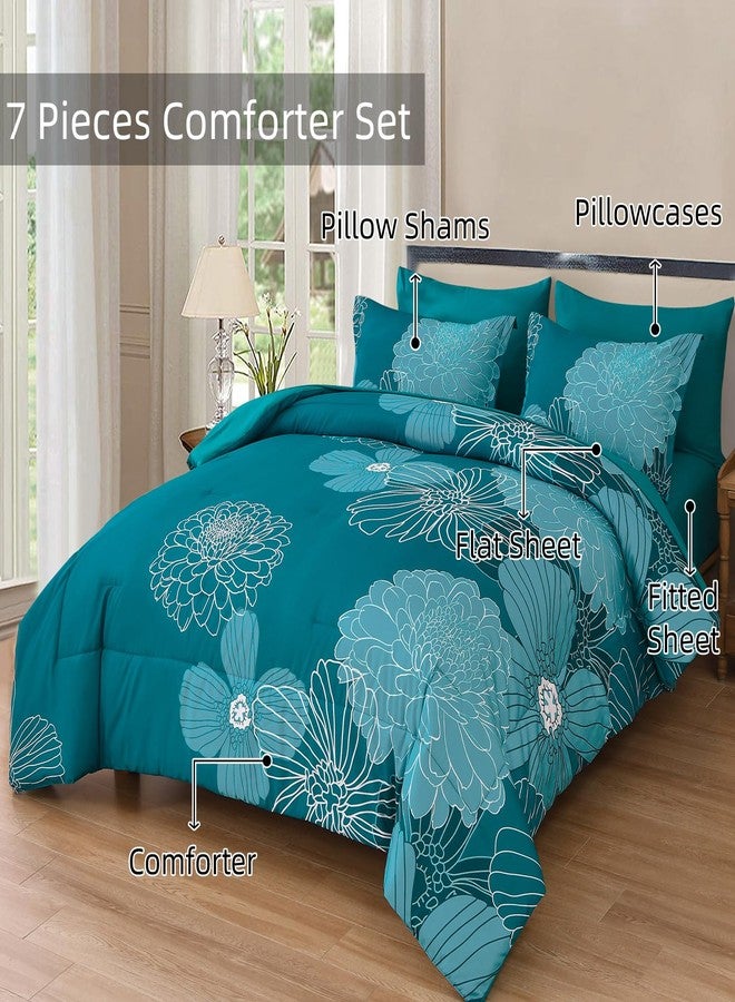 Yiran Teal Floral Comforter Set King 7 Pieces Bed in a Bag Soft Microfiber Bedding Set with 1 Comforter 1 Flat Sheet 1 Fitted Sheet 2 Pillowshams and 2 Pillowcases 104''x90'' - Image 3