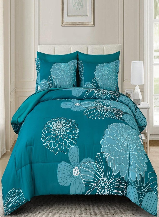 Yiran Teal Floral Comforter Set King 7 Pieces Bed in a Bag Soft Microfiber Bedding Set with 1 Comforter 1 Flat Sheet 1 Fitted Sheet 2 Pillowshams and 2 Pillowcases 104''x90'' - Image 2